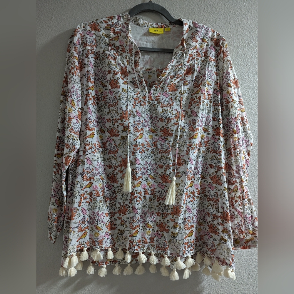 NWOT Roberta Roller Rabbit Bird Butterfly Coverup tunic blouse tasseled cotton